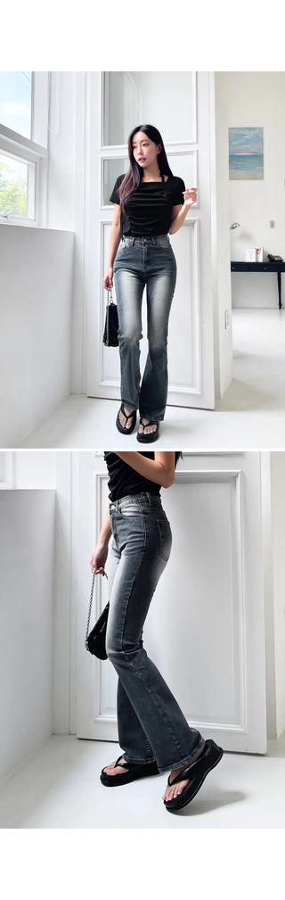 Forkline 3 Lengths  Hidden Elastic Waist Vintage Washed Bootcut Denim Pants Jeans