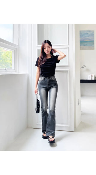 Forkline 3 Lengths  Hidden Elastic Waist Vintage Washed Bootcut Denim Pants Jeans