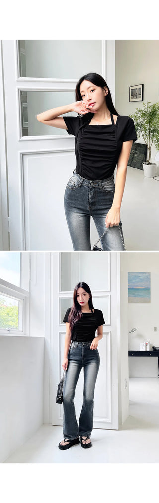 Forkline 3 Lengths  Hidden Elastic Waist Vintage Washed Bootcut Denim Pants Jeans
