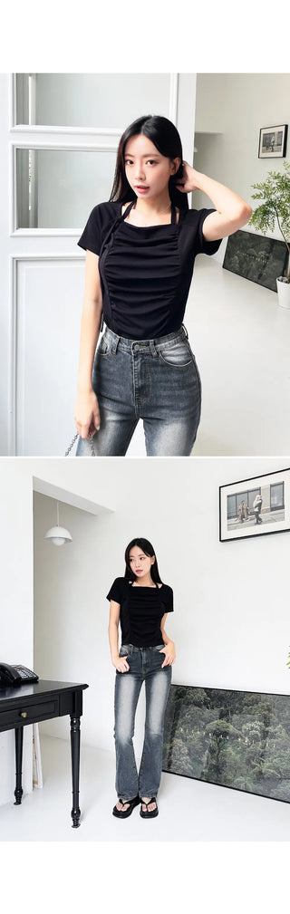 Forkline 3 Lengths  Hidden Elastic Waist Vintage Washed Bootcut Denim Pants Jeans
