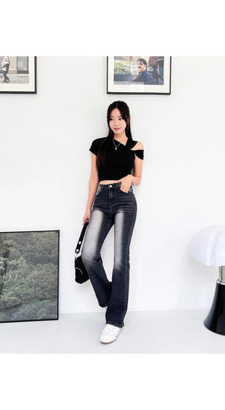 Forkline 3 Lengths  Hidden Elastic Waist Vintage Washed Bootcut Denim Pants Jeans