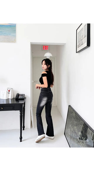 Forkline 3 Lengths  Hidden Elastic Waist Vintage Washed Bootcut Denim Pants Jeans