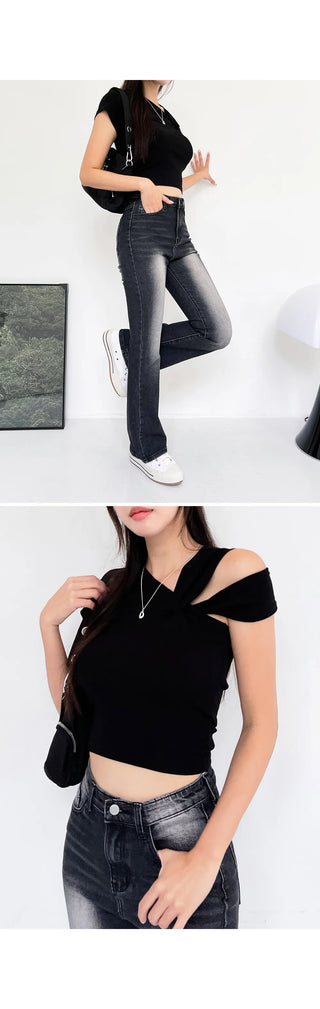 Forkline 3 Lengths  Hidden Elastic Waist Vintage Washed Bootcut Denim Pants Jeans