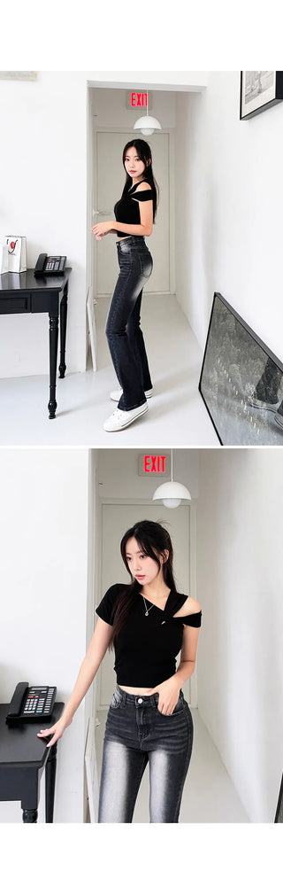 Forkline 3 Lengths  Hidden Elastic Waist Vintage Washed Bootcut Denim Pants Jeans