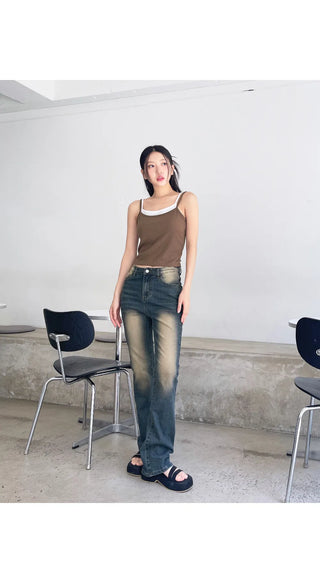 Forkline 3 Lengths  Hidden Elastic Waist Vintage Washed Bootcut Denim Pants Jeans