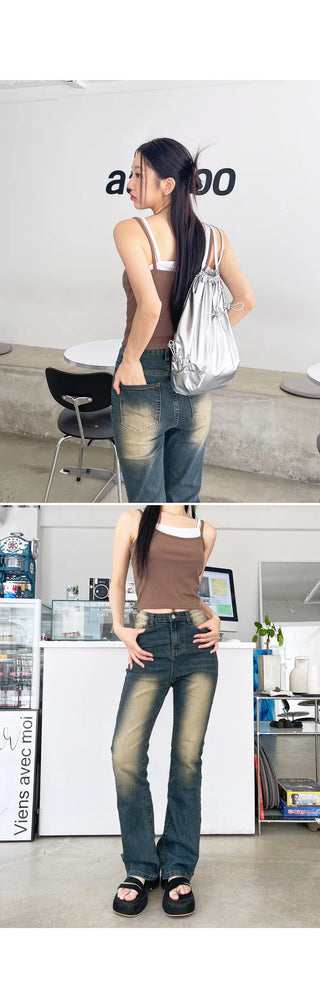 Forkline 3 Lengths  Hidden Elastic Waist Vintage Washed Bootcut Denim Pants Jeans