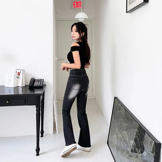 Forkline 3 Lengths  Hidden Elastic Waist Vintage Washed Bootcut Denim Pants Jeans