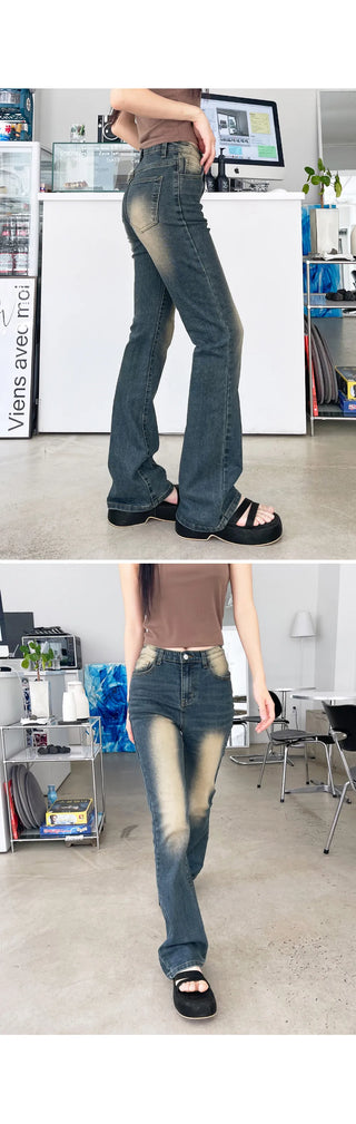 Forkline 3 Lengths  Hidden Elastic Waist Vintage Washed Bootcut Denim Pants Jeans