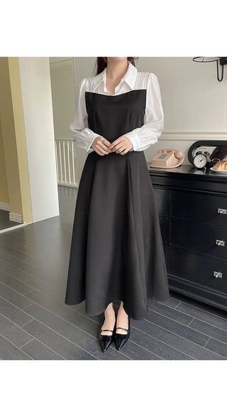 Bring Color Block Shirt Flare Long Dress Wedding Guest Look