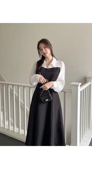 Bring Color Block Shirt Flare Long Dress Wedding Guest Look