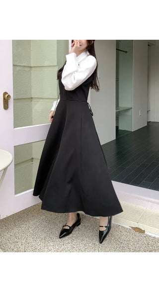 Bring Color Block Shirt Flare Long Dress Wedding Guest Look