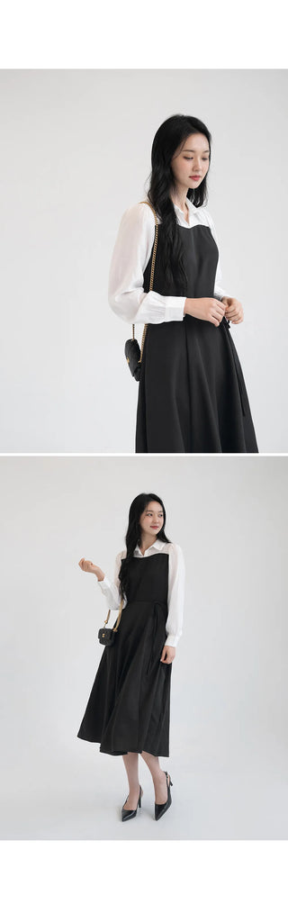 Bring Color Block Shirt Flare Long Dress Wedding Guest Look