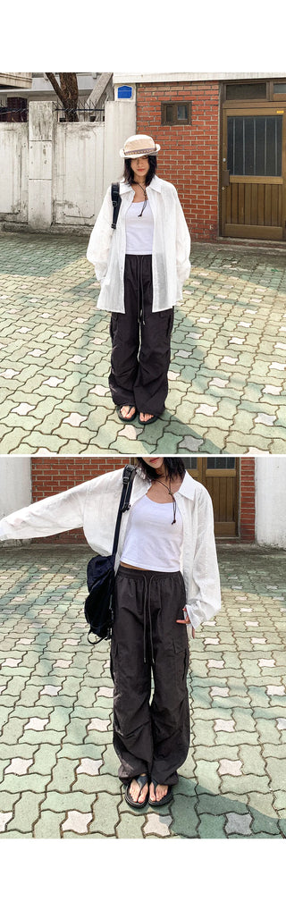 Temisen Length  Nylon Parachute Cargo Wide Pants