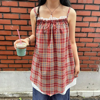 Bevteen Check Ribbon Layered Sleeveless Mini Dress Resort Look