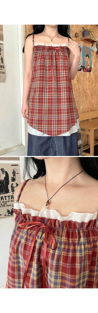 Bevteen Check Ribbon Layered Sleeveless Mini Dress Resort Look