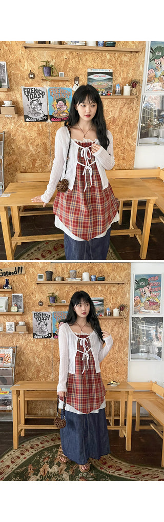 Bevteen Check Ribbon Layered Sleeveless Mini Dress Resort Look