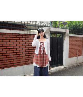 Bevteen Check Ribbon Layered Sleeveless Mini Dress Resort Look