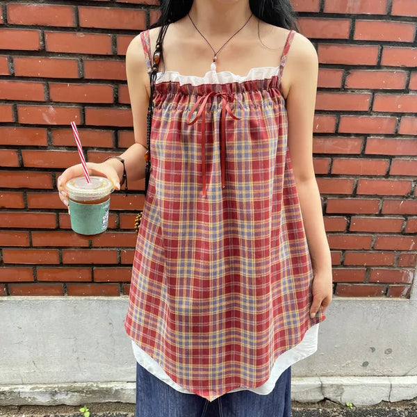 Bevteen Check Ribbon Layered Sleeveless Mini Dress Resort Look