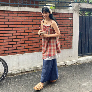 Bevteen Check Ribbon Layered Sleeveless Mini Dress Resort Look