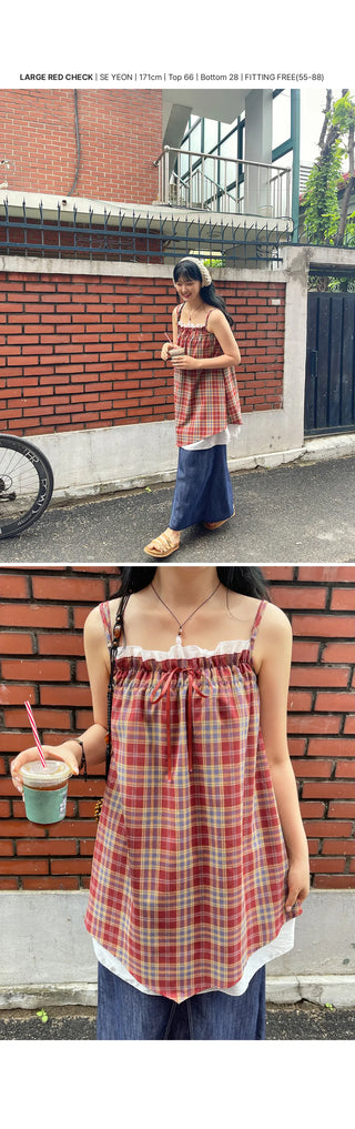 Bevteen Check Ribbon Layered Sleeveless Mini Dress Resort Look