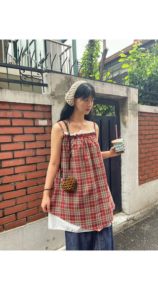 Bevteen Check Ribbon Layered Sleeveless Mini Dress Resort Look