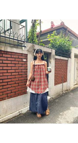 Bevteen Check Ribbon Layered Sleeveless Mini Dress Resort Look