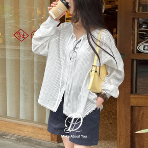 DeHaenin Jacquard Lace Strap Cotton Long Sleeve Blouse