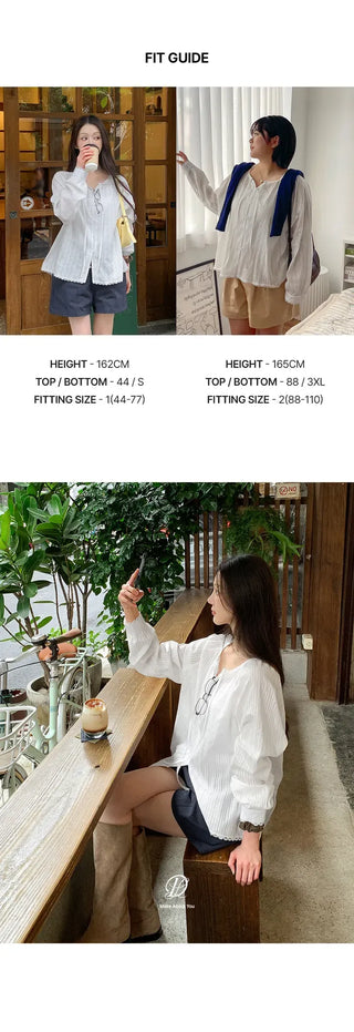 DeHaenin Jacquard Lace Strap Cotton Long Sleeve Blouse