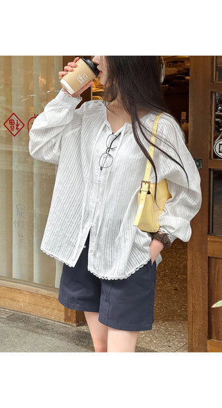 DeHaenin Jacquard Lace Strap Cotton Long Sleeve Blouse