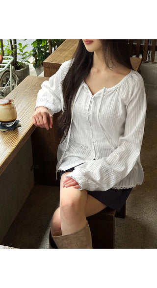 DeHaenin Jacquard Lace Strap Cotton Long Sleeve Blouse