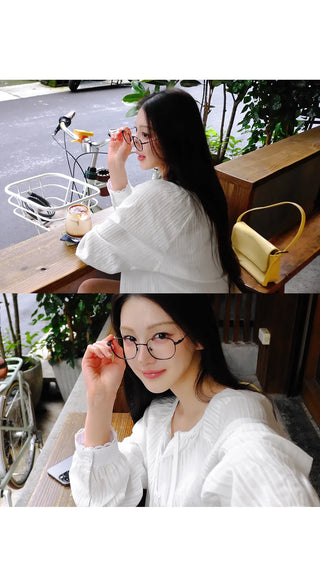 DeHaenin Jacquard Lace Strap Cotton Long Sleeve Blouse