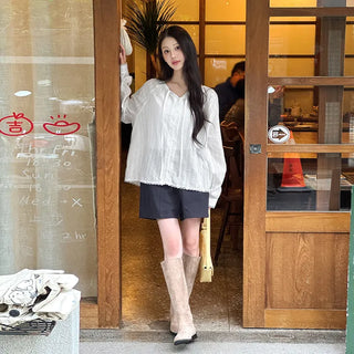 DeHaenin Jacquard Lace Strap Cotton Long Sleeve Blouse