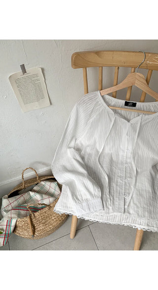 DeHaenin Jacquard Lace Strap Cotton Long Sleeve Blouse
