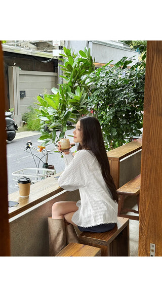 DeHaenin Jacquard Lace Strap Cotton Long Sleeve Blouse