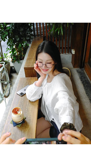 DeHaenin Jacquard Lace Strap Cotton Long Sleeve Blouse