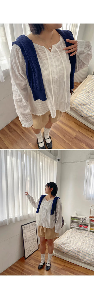 DeHaenin Jacquard Lace Strap Cotton Long Sleeve Blouse