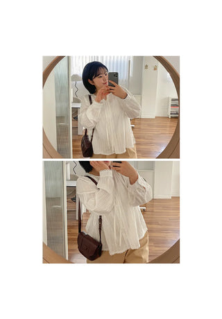 DeHaenin Jacquard Lace Strap Cotton Long Sleeve Blouse