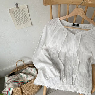 DeHaenin Jacquard Lace Strap Cotton Long Sleeve Blouse