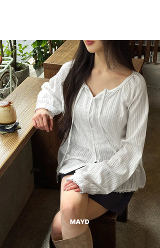 DeHaenin Jacquard Lace Strap Cotton Long Sleeve Blouse