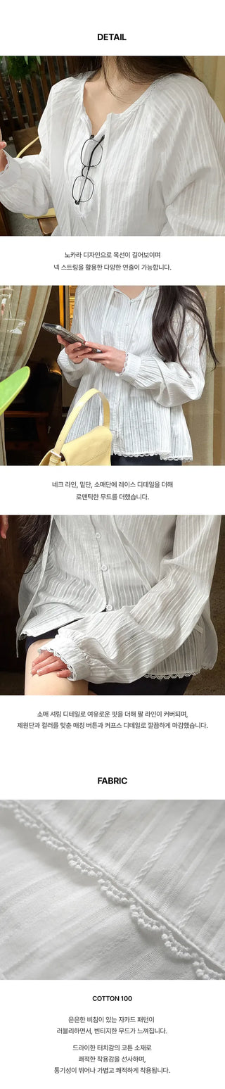 DeHaenin Jacquard Lace Strap Cotton Long Sleeve Blouse