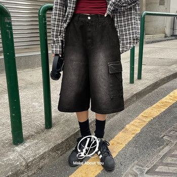 Perry 3 4 Length Bermuda Cargo Washed Denim Back Elastic Waist Wide Half Pants Unisex Denim Shorts
