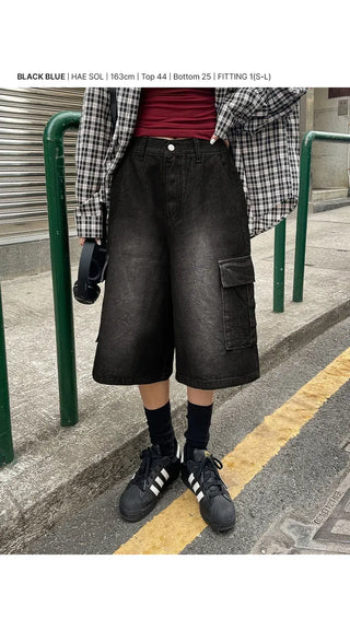 Perry 3 4 Length Bermuda Cargo Washed Denim Back Elastic Waist Wide Half Pants Unisex Denim Shorts