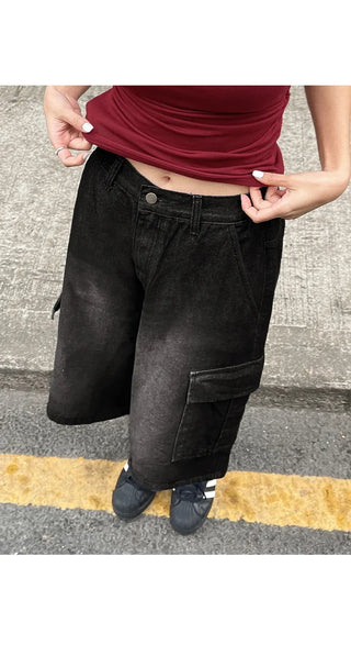 Perry 3 4 Length Bermuda Cargo Washed Denim Back Elastic Waist Wide Half Pants Unisex Denim Shorts