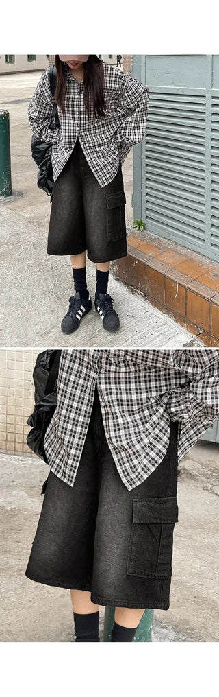Perry 3 4 Length Bermuda Cargo Washed Denim Back Elastic Waist Wide Half Pants Unisex Denim Shorts