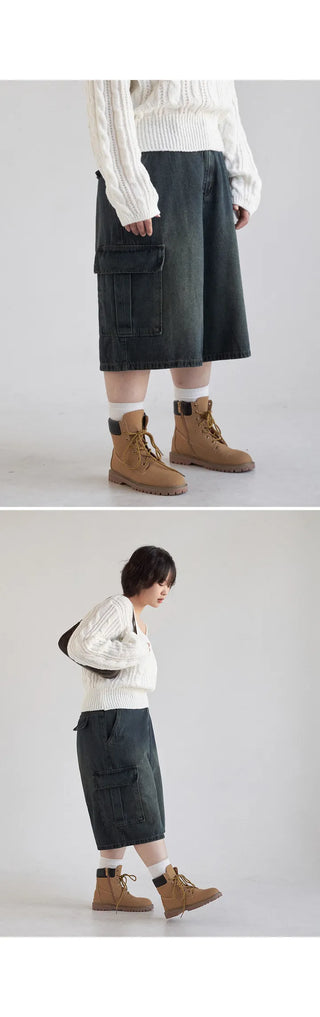 Perry 3 4 Length Bermuda Cargo Washed Denim Back Elastic Waist Wide Half Pants Unisex Denim Shorts