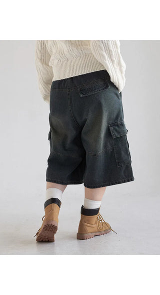 Perry 3 4 Length Bermuda Cargo Washed Denim Back Elastic Waist Wide Half Pants Unisex Denim Shorts