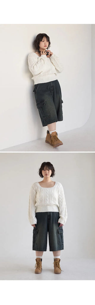Perry 3 4 Length Bermuda Cargo Washed Denim Back Elastic Waist Wide Half Pants Unisex Denim Shorts