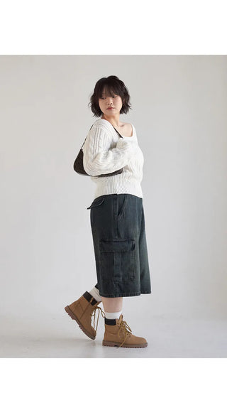 Perry 3 4 Length Bermuda Cargo Washed Denim Back Elastic Waist Wide Half Pants Unisex Denim Shorts