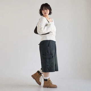 Perry 3 4 Length Bermuda Cargo Washed Denim Back Elastic Waist Wide Half Pants Unisex Denim Shorts