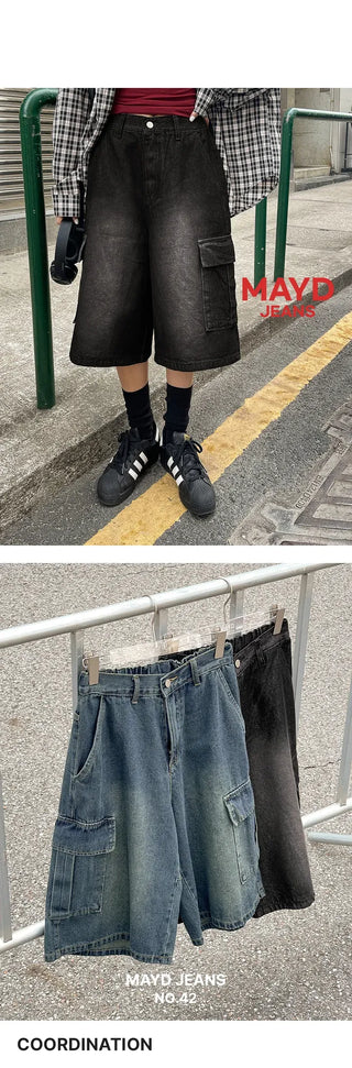 Perry 3 4 Length Bermuda Cargo Washed Denim Back Elastic Waist Wide Half Pants Unisex Denim Shorts